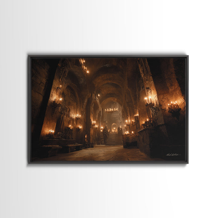 The Candlelit Crypt, Landscape Wall Art, Gothic Horror Wall Art, Framed Canvas Print, Halloween Wall Decor, Gothic Home Decor