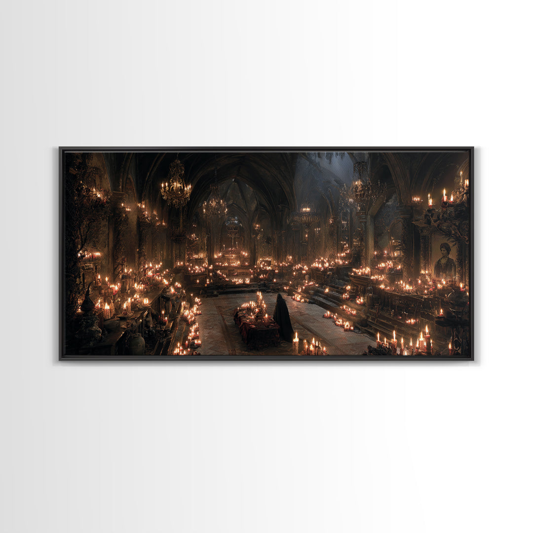 The Candlelit Crypt, Wide Panoramic Art, Dark Halloween Decor, Canvas Print, Halloween Wall Decor, Gothic Home Decor, Statement Wall Art