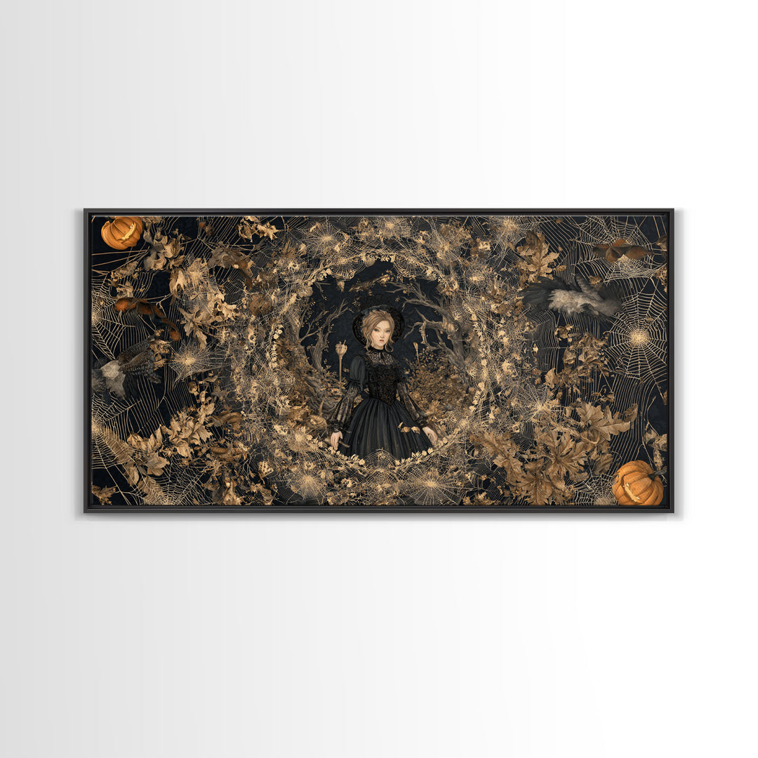 Black Lace And Cobwebs, Wide Panoramic Art, Haunted Gothic Art, Framed Canvas Print, Halloween Wall Decor, Gothic Home Decor