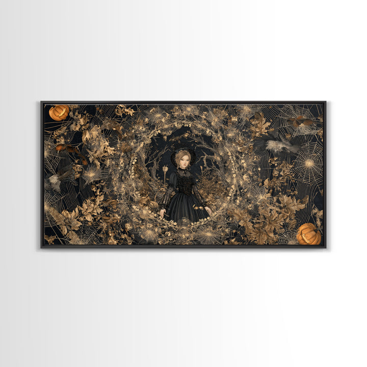 Black Lace And Cobwebs, Wide Panoramic Art, Haunted Gothic Art, Framed Canvas Print, Halloween Wall Decor, Gothic Home Decor