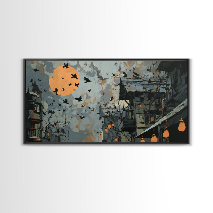 Ravens And Ruins, Wide Panoramic Art, Spooky Home Decor, Canvas Print, Halloween Wall Decor, Gothic Home Decor, Macabre Wall Art