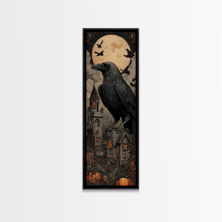 Ravens And Ruins, Tall Narrow Wall Art, Haunted Gothic Art, Framed Canvas Print, Halloween Wall Decor, Gothic Home Decor