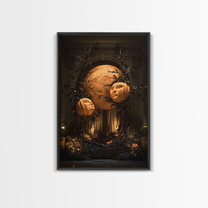 Pumpkins And Moon Phases, Vertical Wall Art, Macabre Wall Art, Framed Canvas Print, Halloween Wall Decor, Gothic Home Decor