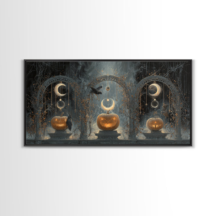 Pumpkins And Moon Phases, Wide Panoramic Art, Dark Halloween Decor, Canvas Print, Halloween Wall Decor, Gothic Home Decor, Horror Wall Art