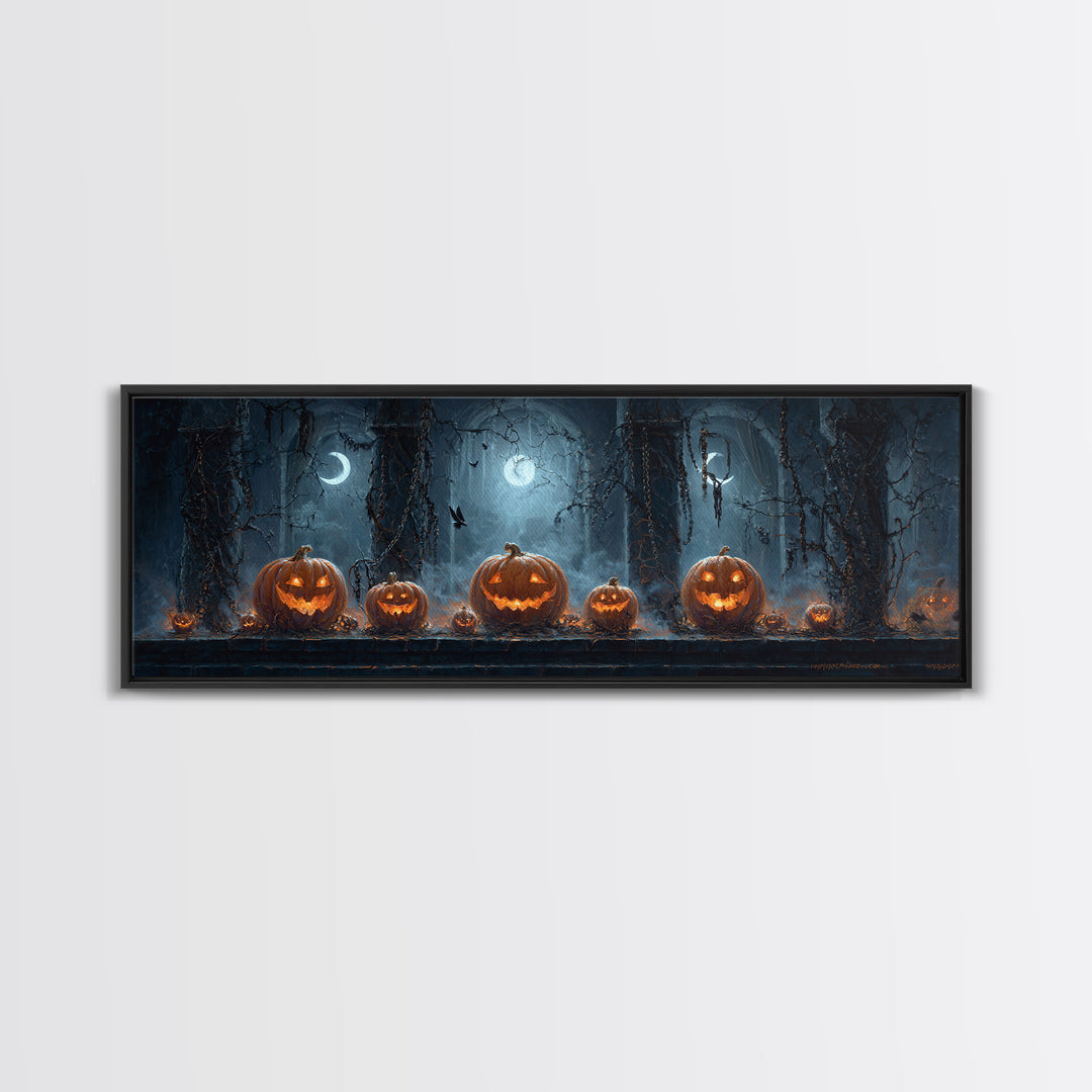 Pumpkins And Moon Phases, Extra Wide Wall Art, Macabre Wall Art, Framed Canvas Print, Halloween Wall Decor, Gothic Home Decor