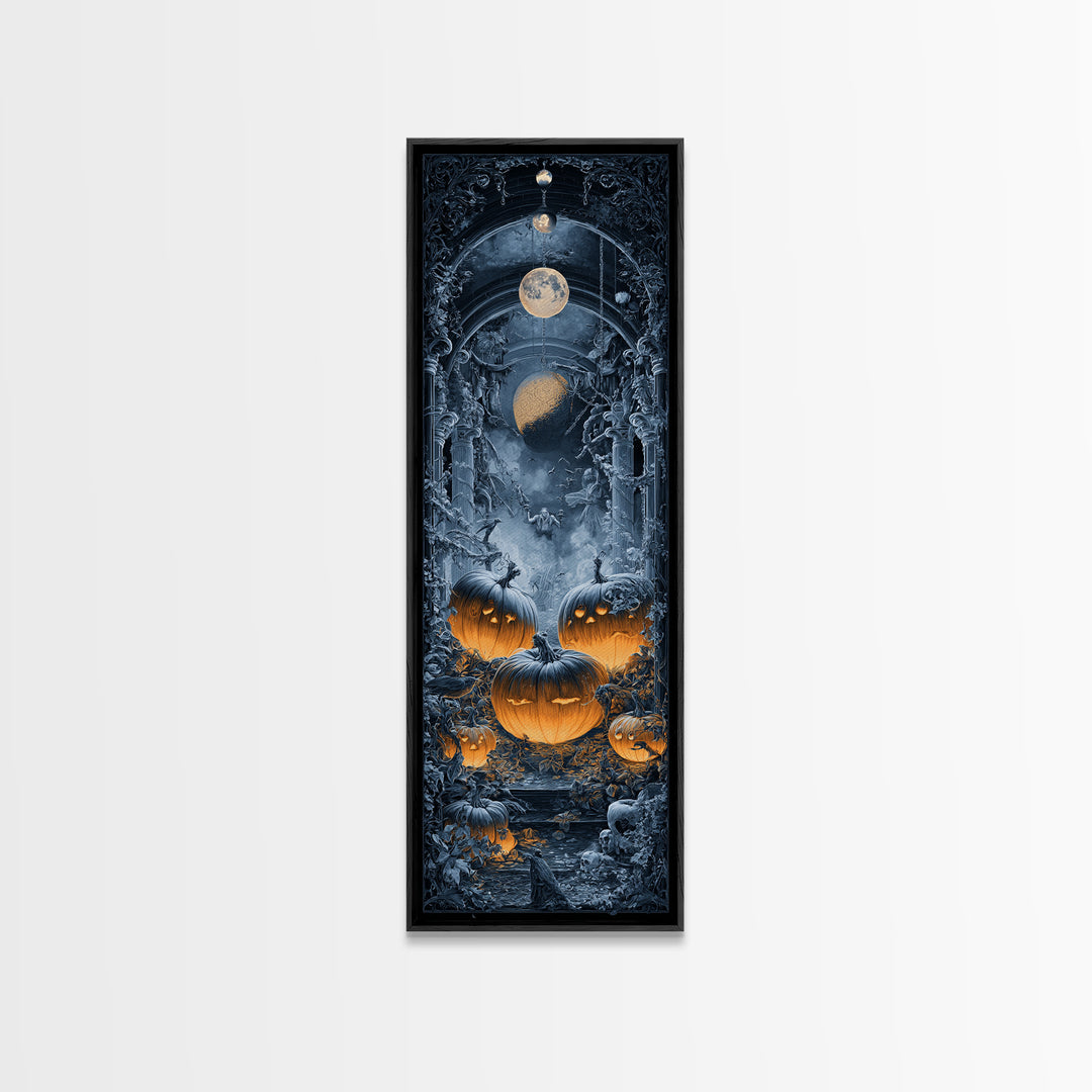 Pumpkins And Moon Phases, Tall Narrow Wall Art, Haunted Gothic Art, Framed Canvas Print, Halloween Wall Decor, Gothic Home Decor