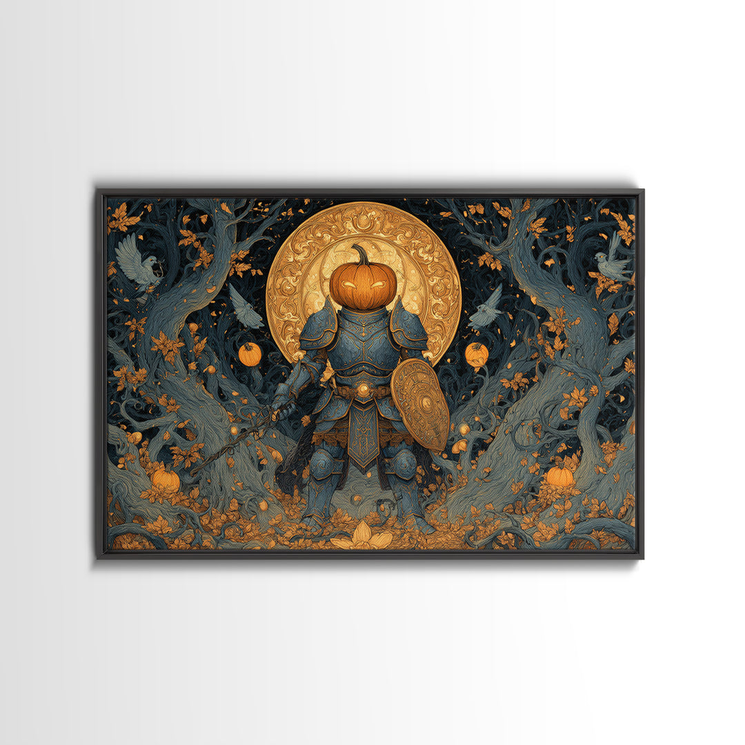 The Pumpkin Paladin, Landscape Wall Art, Haunted Gothic Art, Framed Canvas Print, Halloween Wall Decor, Gothic Home Decor