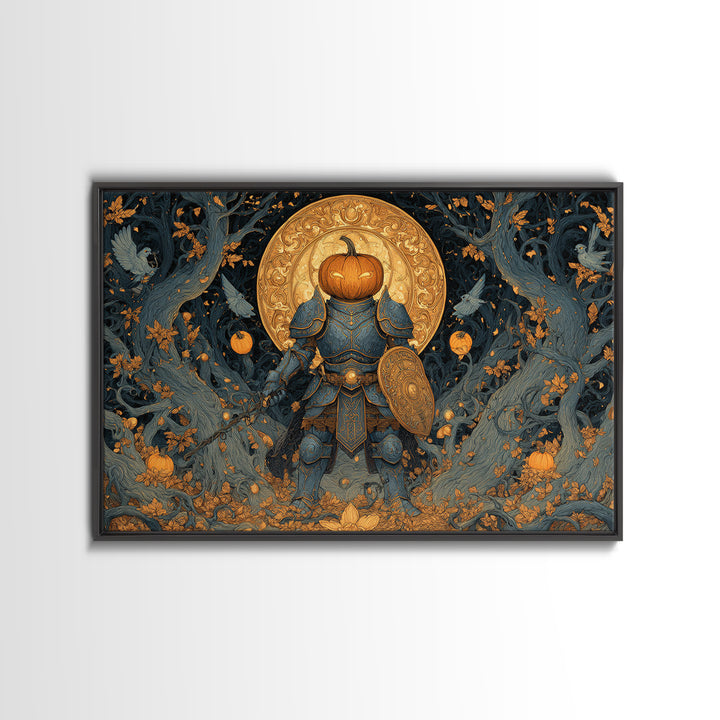 The Pumpkin Paladin, Landscape Wall Art, Haunted Gothic Art, Framed Canvas Print, Halloween Wall Decor, Gothic Home Decor