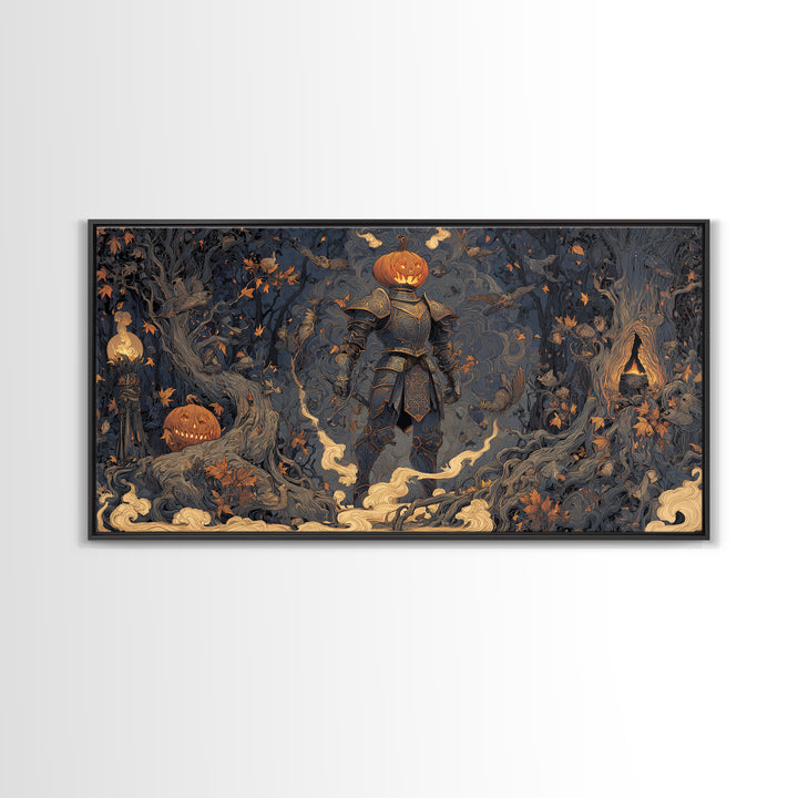 The Pumpkin Paladin, Wide Panoramic Art, Haunted Gothic Art, Framed Canvas Print, Halloween Wall Decor, Gothic Home Decor, Dark Fantasy Art