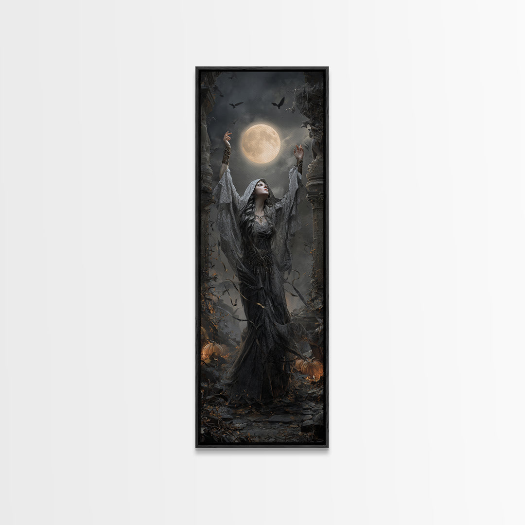 The Moon Priestess, Tall Narrow Wall Art, Gothic Horror Wall Art, Framed Canvas Print, Halloween Wall Decor, Gothic Home Decor