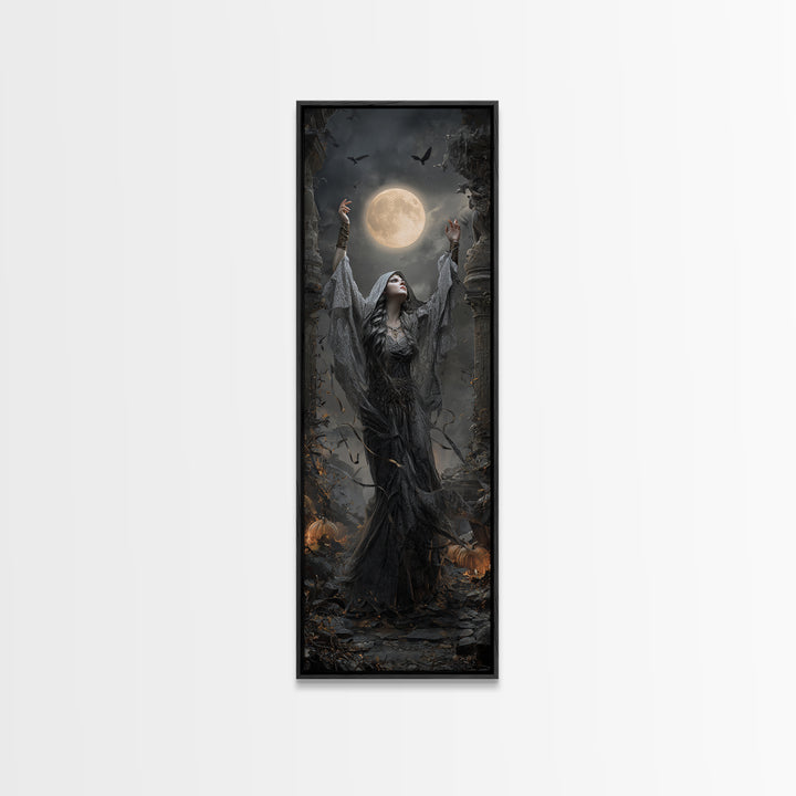 The Moon Priestess, Tall Narrow Wall Art, Gothic Horror Wall Art, Framed Canvas Print, Halloween Wall Decor, Gothic Home Decor