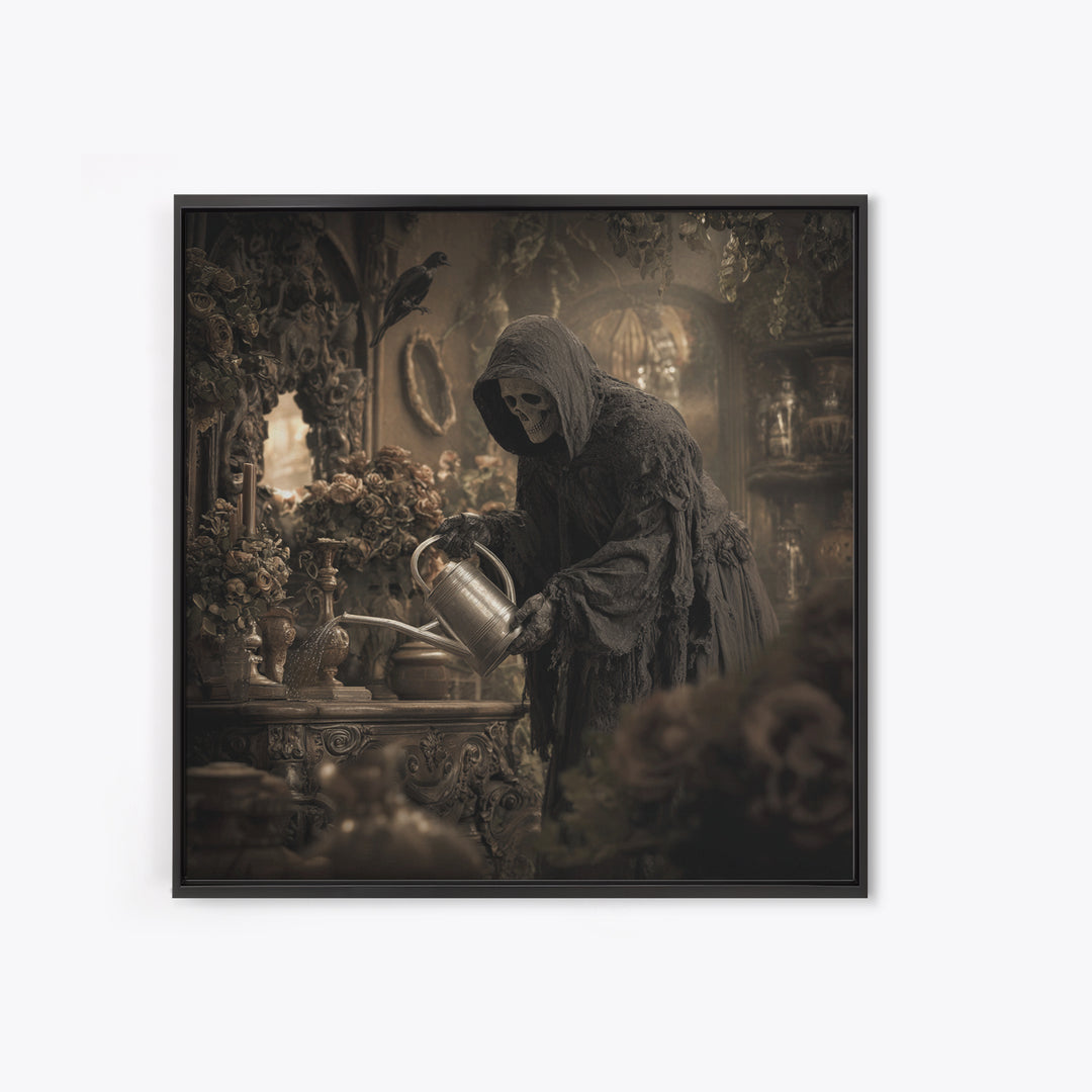 The Graveyard Gardener, Square Wall Art, Haunted Gothic Art, Framed Canvas Print, Halloween Wall Decor, Gothic Home Decor