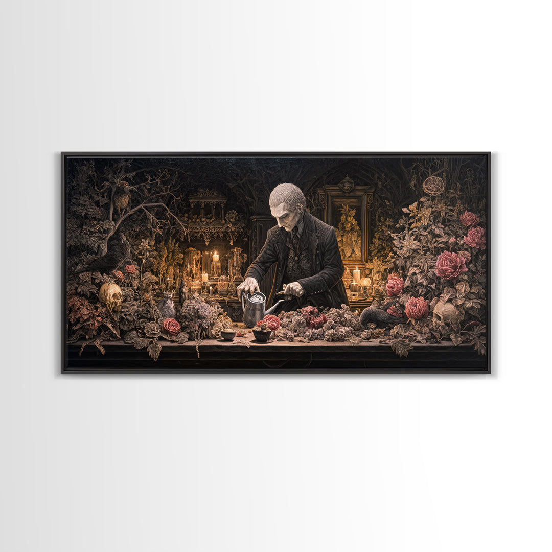 The Graveyard Gardener, Wide Panoramic Art, Gothic Horror Wall Art, Framed Canvas Print, Halloween Wall Decor, Gothic Home Decor