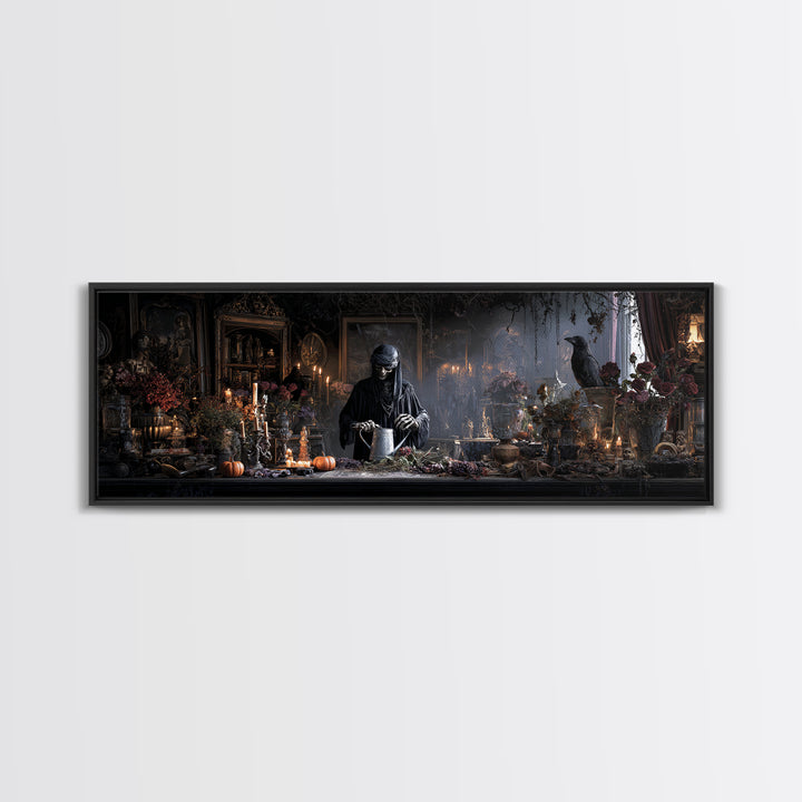 The Graveyard Gardener, Extra Wide Wall Art, Spooky Home Decor, Canvas Print, Halloween Wall Decor, Gothic Home Decor, Macabre Wall Art