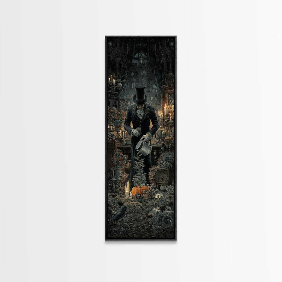 The Graveyard Gardener, Tall Narrow Wall Art, Haunted Gothic Art, Framed Canvas Print, Halloween Wall Decor, Gothic Home Decor