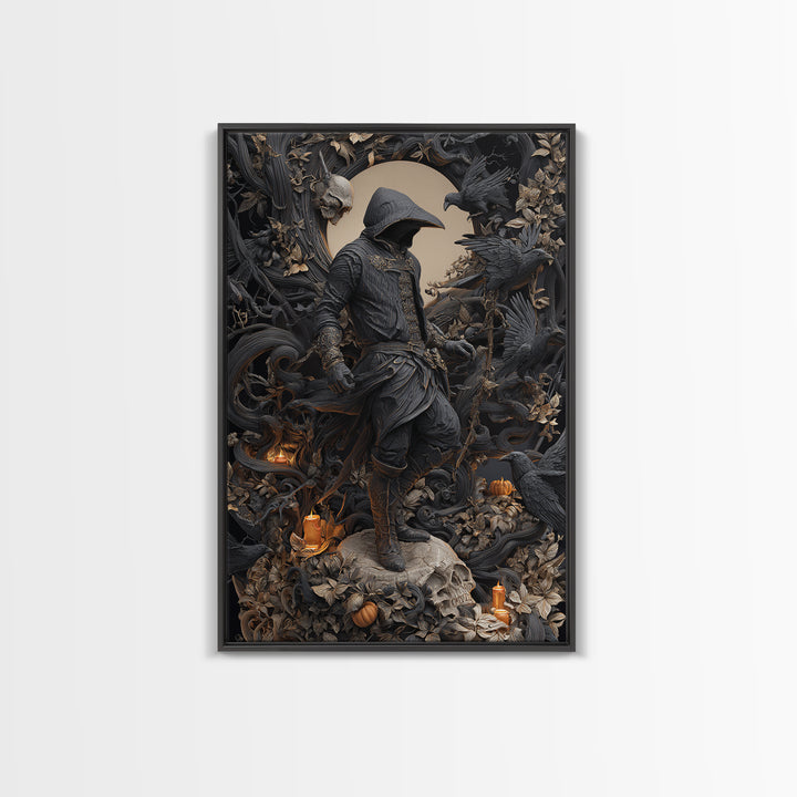 The Crow-Masked Assassin, Vertical Wall Art, Haunted Gothic Art, Framed Canvas Print, Halloween Wall Decor, Gothic Home Decor