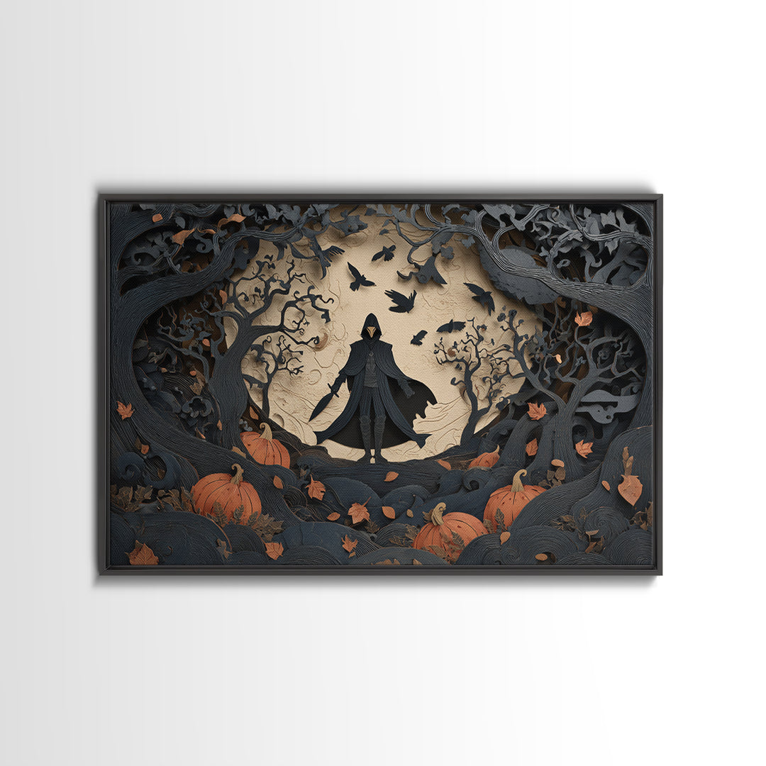The Crow-Masked Assassin, Landscape Wall Art, Gothic Horror Wall Art, Framed Canvas Print, Halloween Wall Decor, Gothic Home Decor