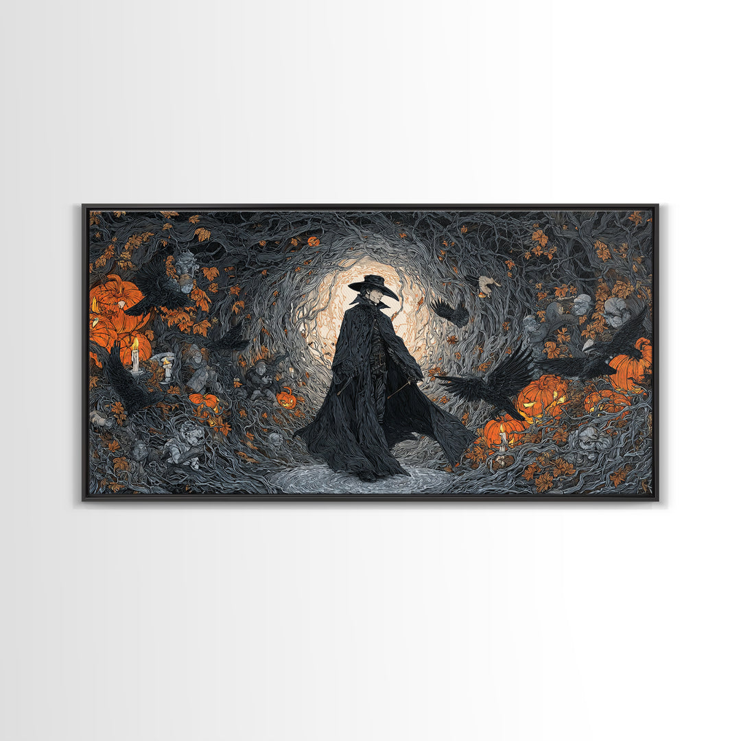 The Crow-Masked Assassin, Wide Panoramic Art, Gothic Horror Wall Art, Framed Canvas Print, Halloween Wall Decor, Gothic Home Decor