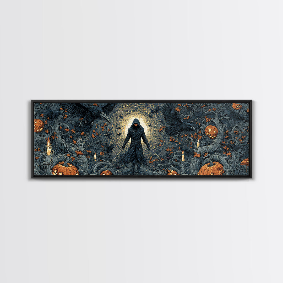 The Crow-Masked Assassin, Extra Wide Wall Art, Macabre Wall Art, Framed Canvas Print, Halloween Wall Decor, Gothic Home Decor