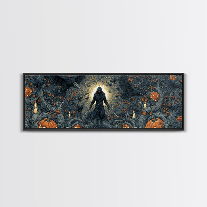 The Crow-Masked Assassin, Extra Wide Wall Art, Macabre Wall Art, Framed Canvas Print, Halloween Wall Decor, Gothic Home Decor