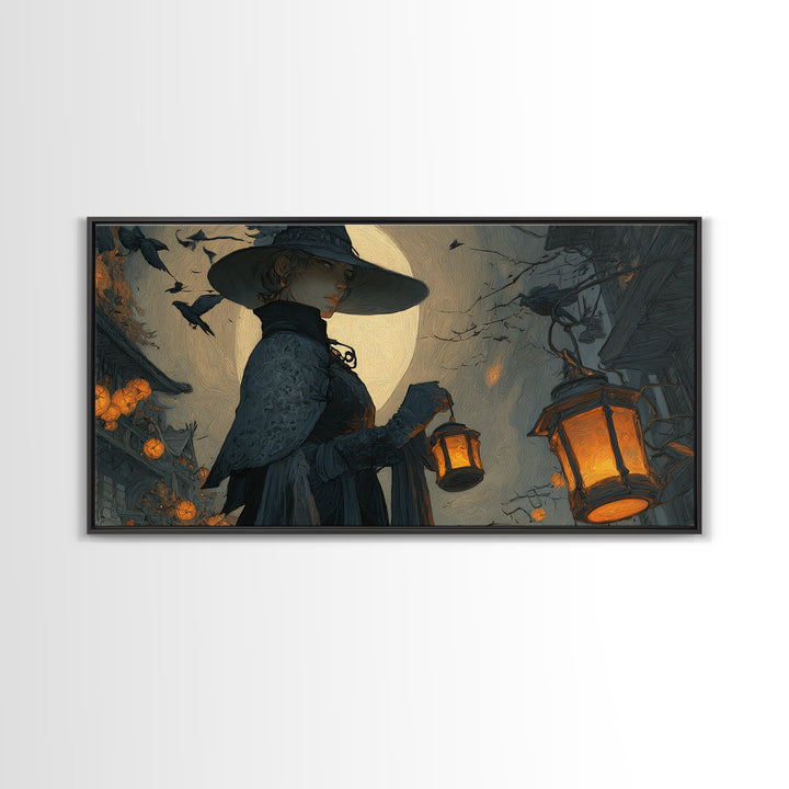 The Lantern Mage, Wide Panoramic Art, Dark Halloween Decor, Canvas Print, Halloween Wall Decor, Gothic Home Decor, Seasonal Home Decor