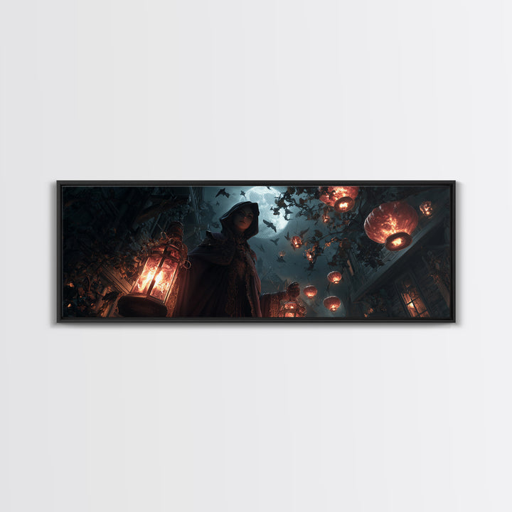 The Lantern Mage, Extra Wide Wall Art, Gothic Horror Wall Art, Framed Canvas Print, Halloween Wall Decor, Gothic Home Decor