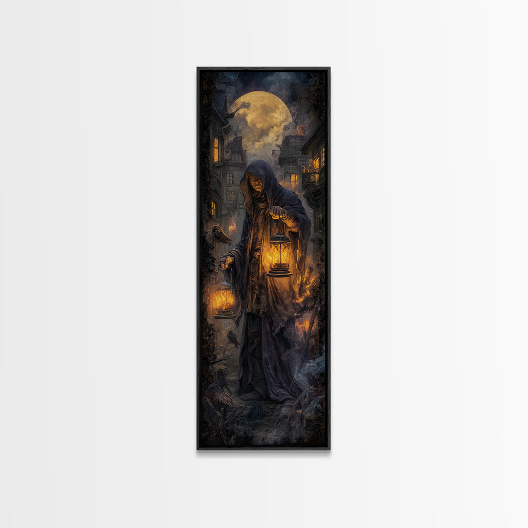 The Lantern Mage, Tall Narrow Wall Art, Dark Fantasy Wall Art, Canvas Print, Halloween Wall Decor, Gothic Home Decor, Dark Fantasy Art