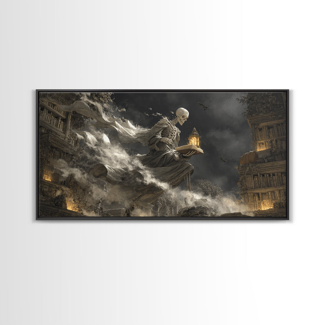 The Crypt Librarian, Wide Panoramic Art, Gothic Horror Wall Art, Framed Canvas Print, Halloween Wall Decor, Gothic Home Decor