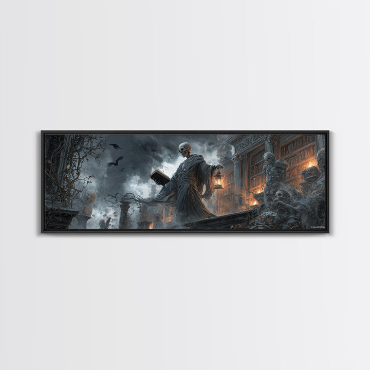 The Crypt Librarian, Extra Wide Wall Art, Macabre Wall Art, Framed Canvas Print, Halloween Wall Decor, Gothic Home Decor, Spooky Wall Decor