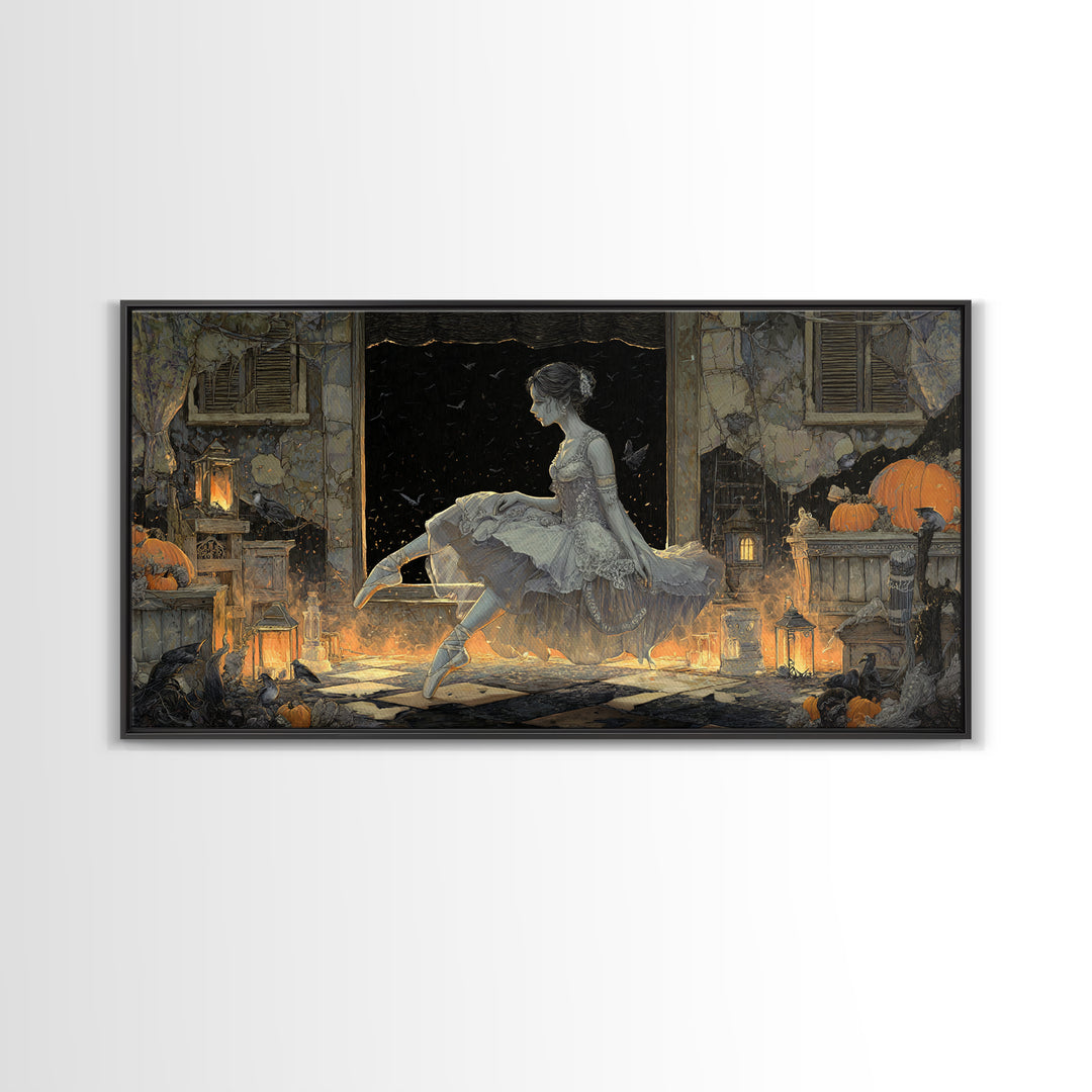 The Phantom Ballerina, Wide Panoramic Art, Haunted Gothic Art, Framed Canvas Print, Halloween Wall Decor, Gothic Home Decor
