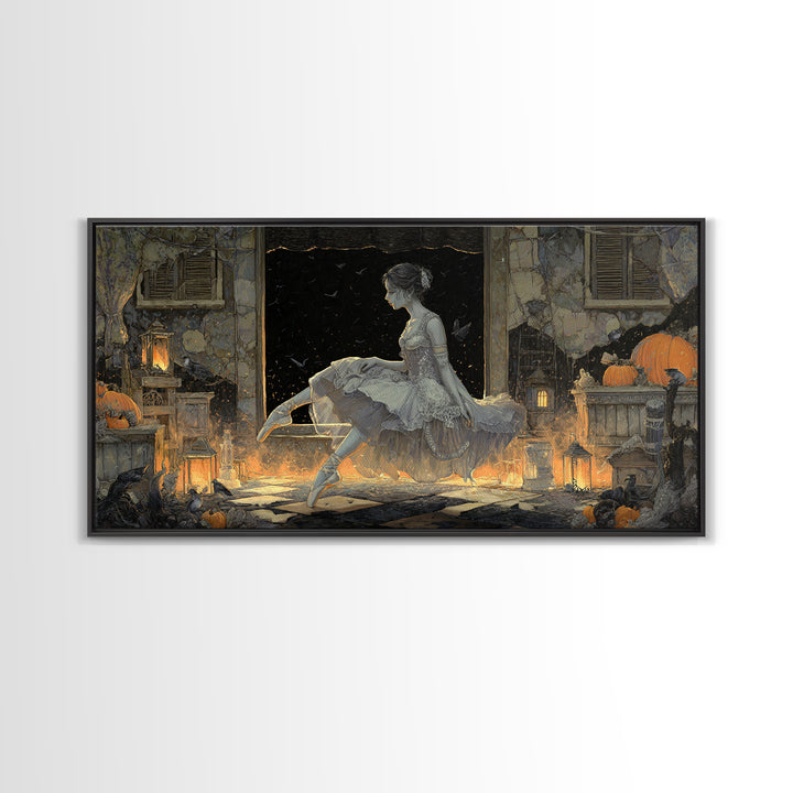 The Phantom Ballerina, Wide Panoramic Art, Haunted Gothic Art, Framed Canvas Print, Halloween Wall Decor, Gothic Home Decor