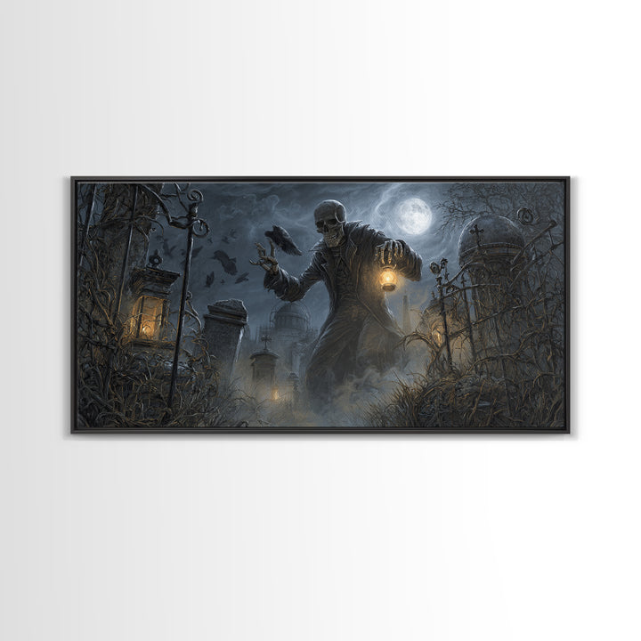 The Skull Astronomer, Wide Panoramic Art, Gothic Horror Wall Art, Framed Canvas Print, Halloween Wall Decor, Gothic Home Decor