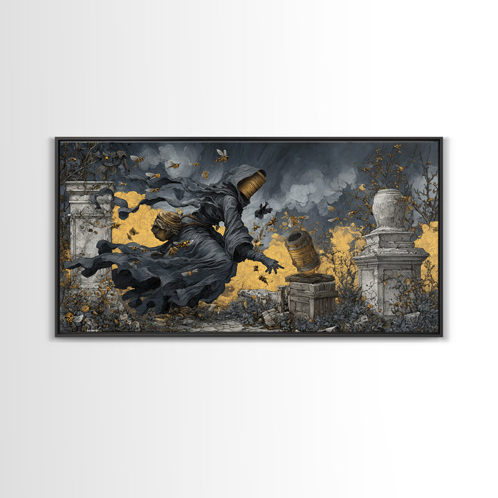 The Cemetery Beekeeper, Wide Panoramic Art, Dark Fantasy Wall Art, Canvas Print, Halloween Wall Decor, Gothic Home Decor