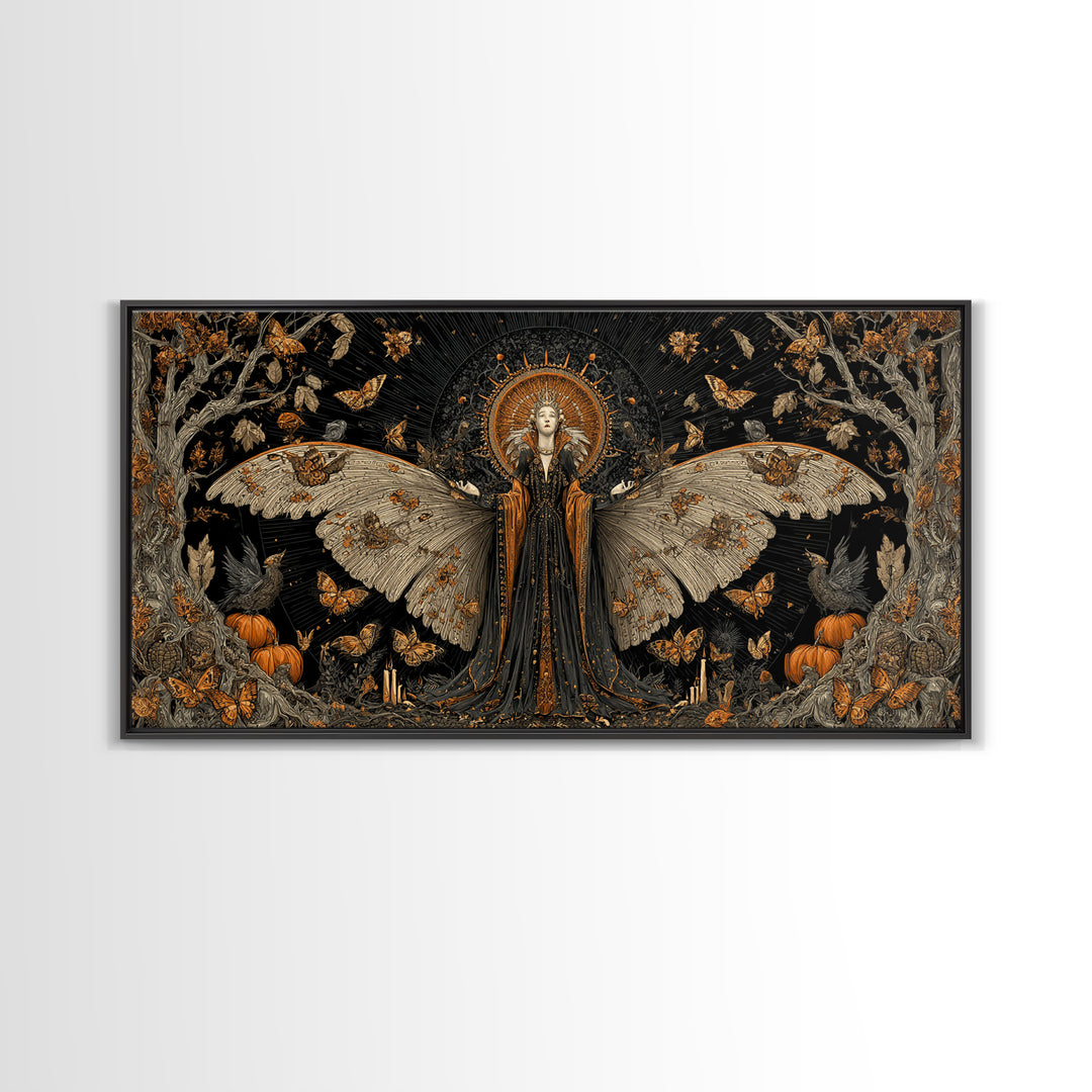 The Moth-Winged Empress, Wide Panoramic Art, Gothic Horror Wall Art, Framed Canvas Print, Halloween Wall Decor, Gothic Home Decor