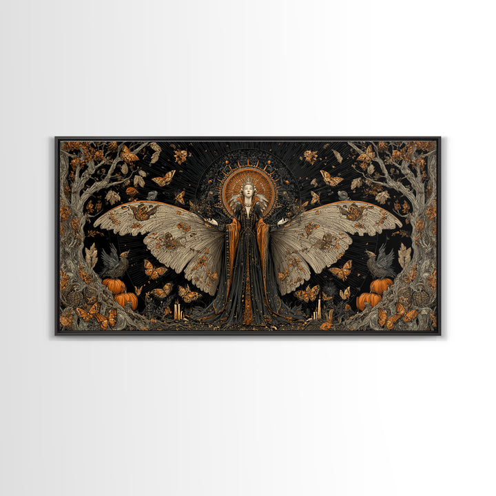 The Moth-Winged Empress, Wide Panoramic Art, Gothic Horror Wall Art, Framed Canvas Print, Halloween Wall Decor, Gothic Home Decor