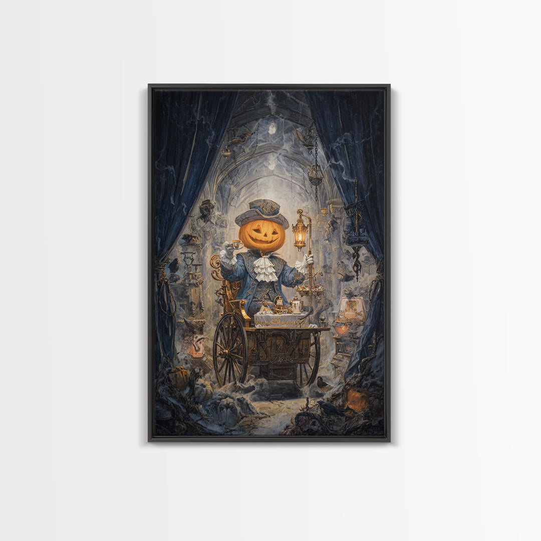 The Pumpkin-Headed Tea Merchant, Vertical Wall Art, Macabre Wall Art, Framed Canvas Print, Halloween Wall Decor, Gothic Home Decor