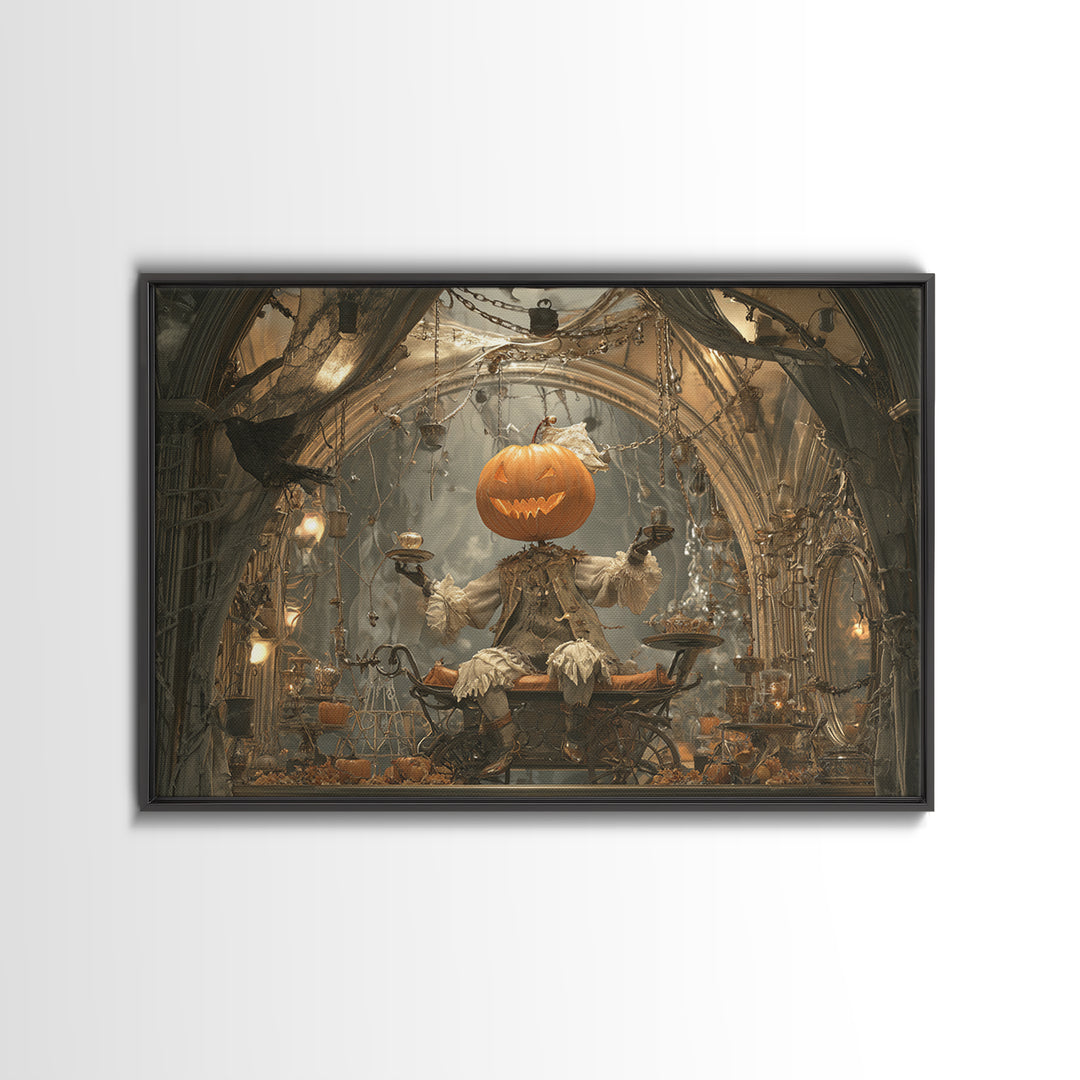The Pumpkin-Headed Tea Merchant, Landscape Wall Art, Dark Halloween Decor, Canvas Print, Halloween Wall Decor, Gothic Home Decor