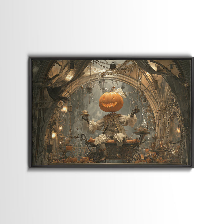 The Pumpkin-Headed Tea Merchant, Landscape Wall Art, Dark Halloween Decor, Canvas Print, Halloween Wall Decor, Gothic Home Decor