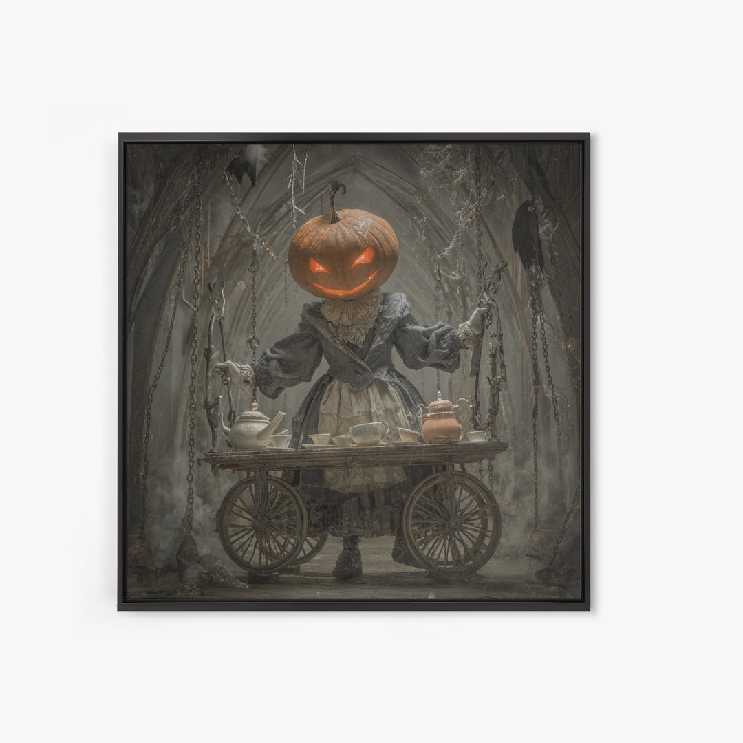 The Pumpkin-Headed Tea Merchant, Square Wall Art, Dark Fantasy Wall Art, Canvas Print, Halloween Wall Decor, Gothic Home Decor