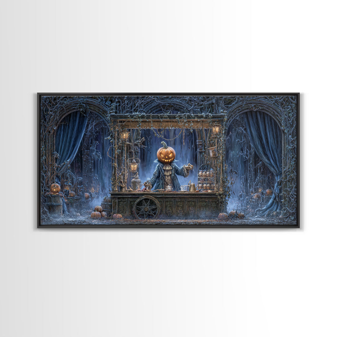 The Pumpkin-Headed Tea Merchant, Wide Panoramic Art, Dark Halloween Decor, Canvas Print, Halloween Wall Decor, Gothic Home Decor