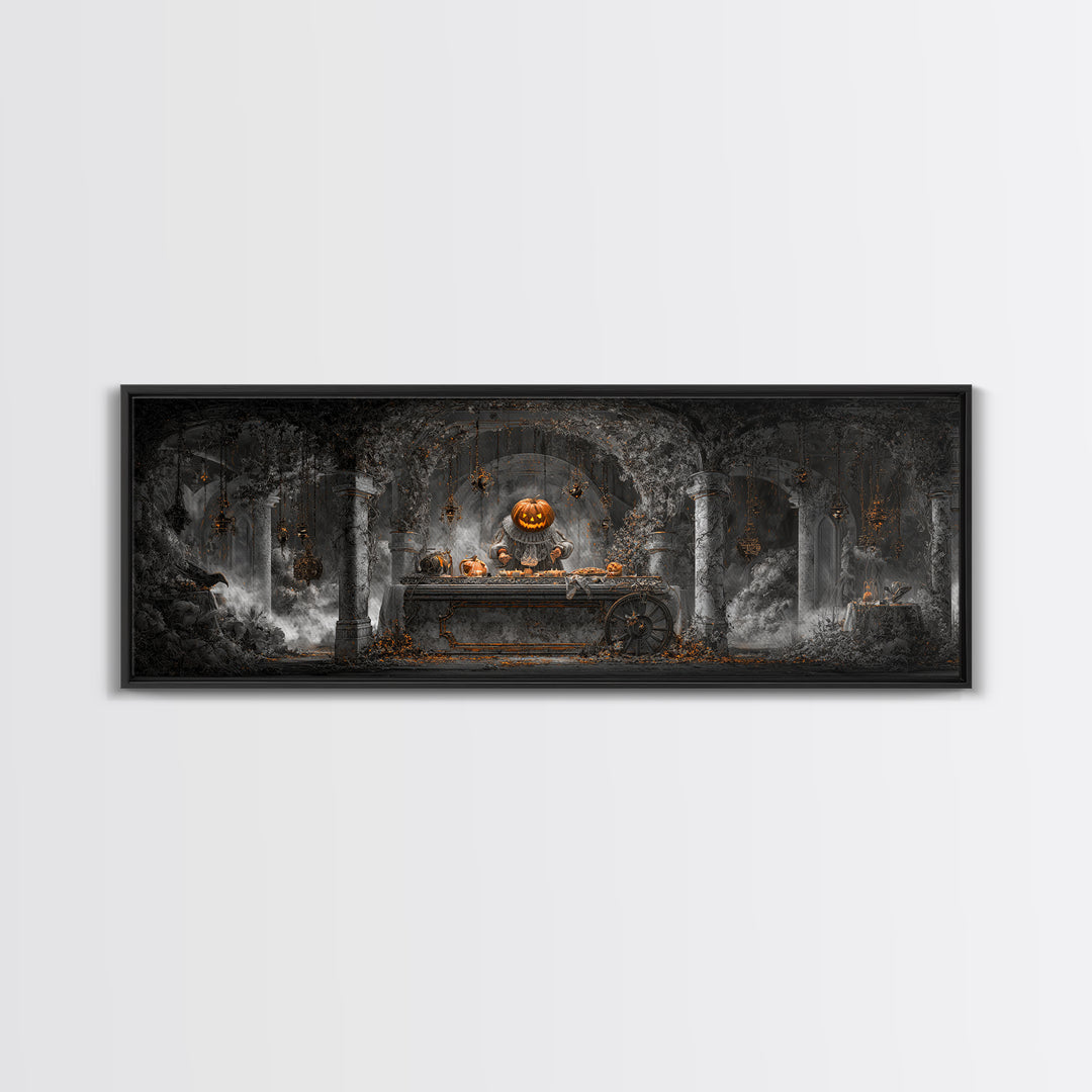 The Pumpkin-Headed Tea Merchant, Extra Wide Wall Art, Dark Fantasy Wall Art, Canvas Print, Halloween Wall Decor, Gothic Home Decor