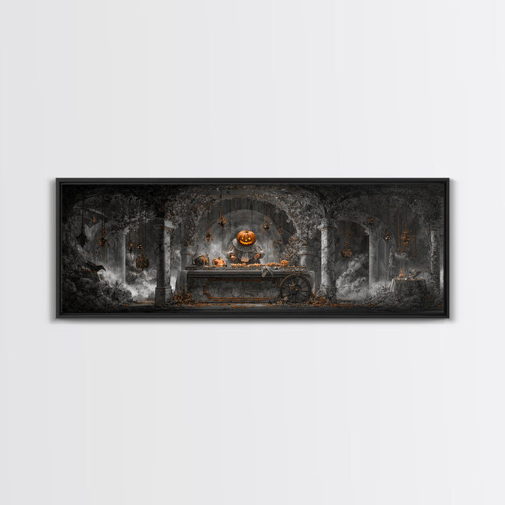 The Pumpkin-Headed Tea Merchant, Extra Wide Wall Art, Dark Fantasy Wall Art, Canvas Print, Halloween Wall Decor, Gothic Home Decor