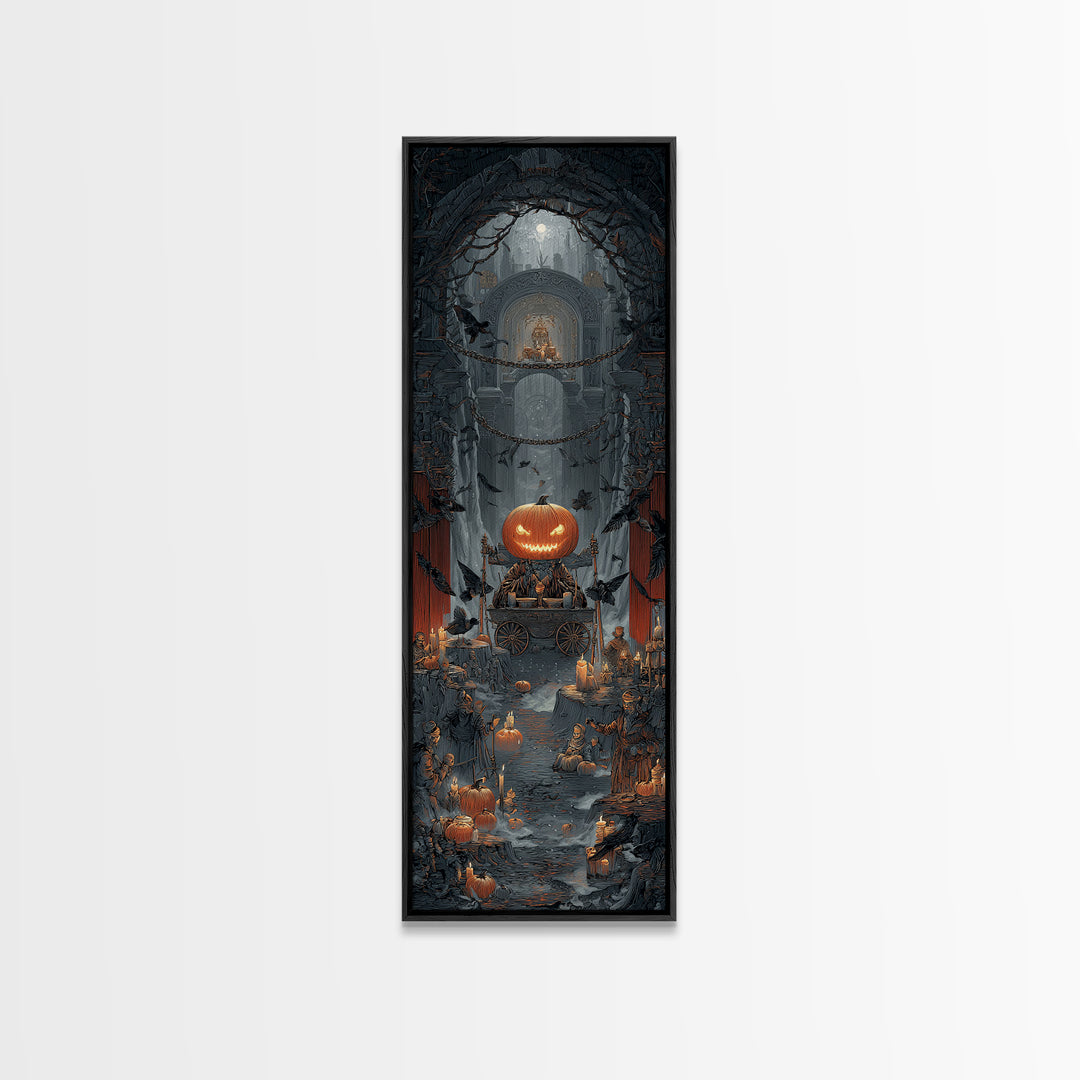 The Pumpkin-Headed Tea Merchant, Tall Narrow Wall Art, Spooky Home Decor, Canvas Print, Halloween Wall Decor, Gothic Home Decor