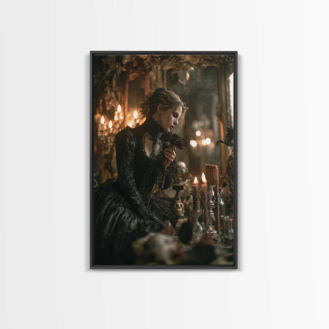 The Vampire Florist, Vertical Wall Art, Haunted Gothic Art, Framed Canvas Print, Halloween Wall Decor, Gothic Home Decor, Horror Wall Art
