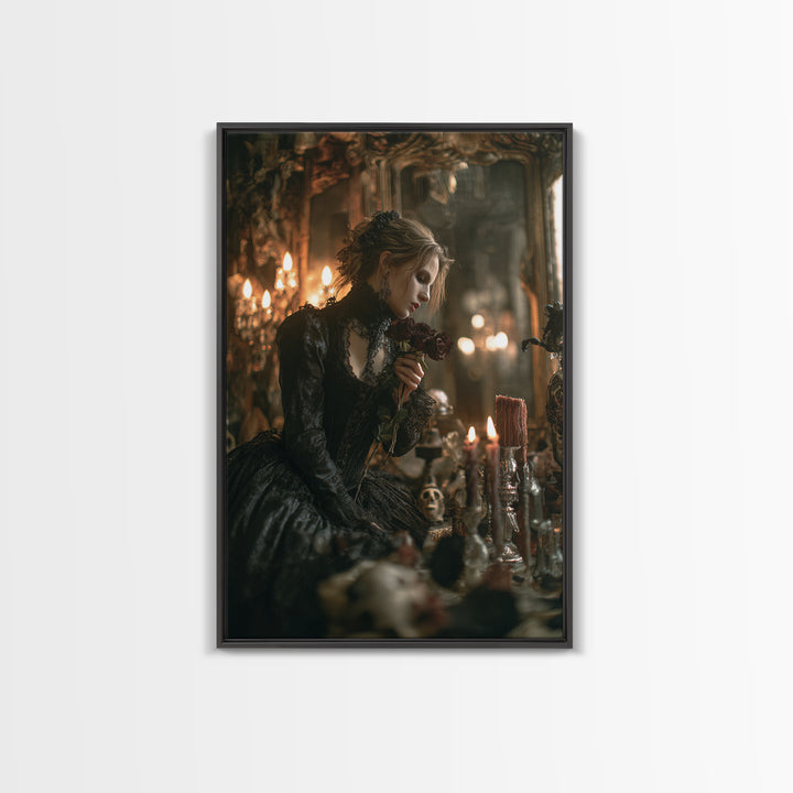 The Vampire Florist, Vertical Wall Art, Haunted Gothic Art, Framed Canvas Print, Halloween Wall Decor, Gothic Home Decor, Horror Wall Art
