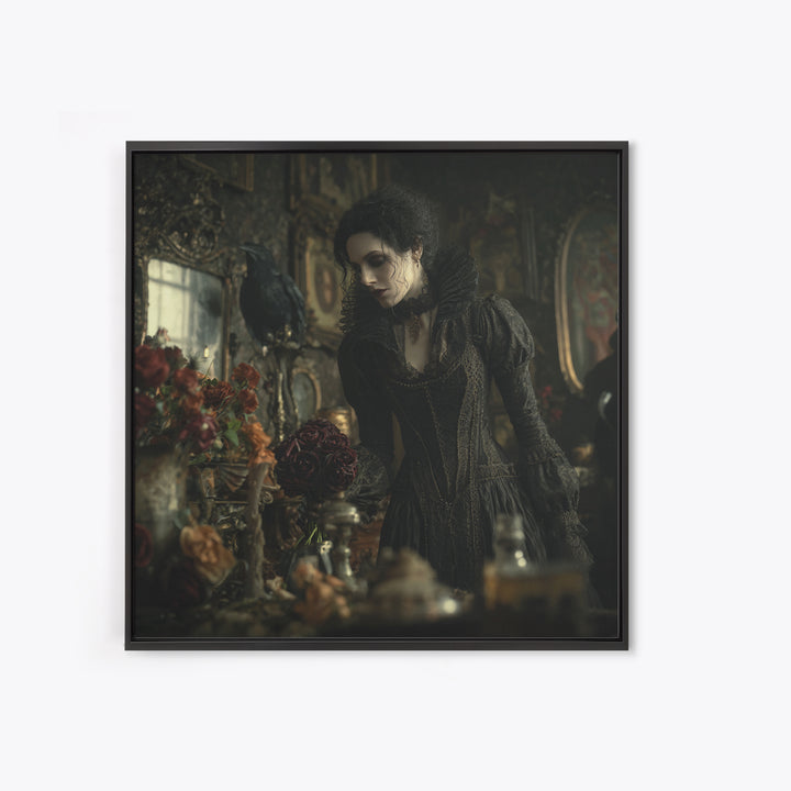 The Vampire Florist, Square Wall Art, Gothic Horror Wall Art, Framed Canvas Print, Halloween Wall Decor, Gothic Home Decor