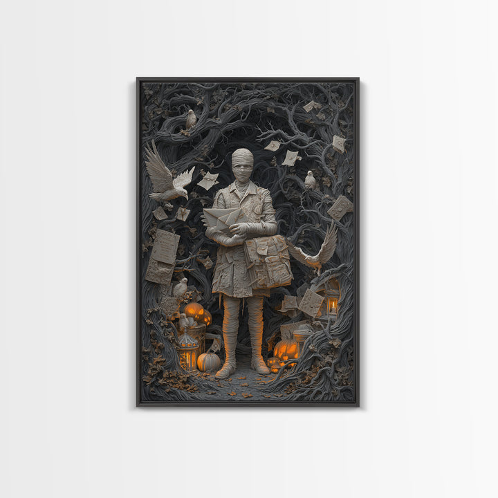 The Mummy Mail Carrier, Vertical Wall Art, Gothic Horror Wall Art, Framed Canvas Print, Halloween Wall Decor, Gothic Home Decor