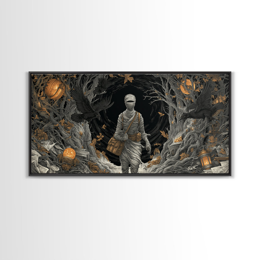 The Mummy Mail Carrier, Wide Panoramic Art, Dark Fantasy Wall Art, Canvas Print, Halloween Wall Decor, Gothic Home Decor, Spooky Wall Decor