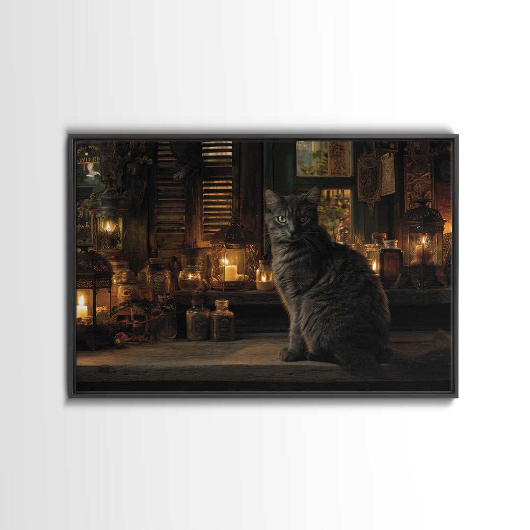 The Witch'S Cat Cafe, Landscape Wall Art, Haunted Gothic Art, Framed Canvas Print, Halloween Wall Decor, Gothic Home Decor