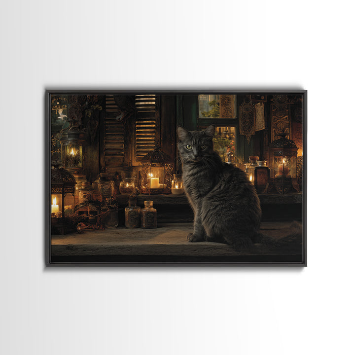 The Witch'S Cat Cafe, Landscape Wall Art, Haunted Gothic Art, Framed Canvas Print, Halloween Wall Decor, Gothic Home Decor